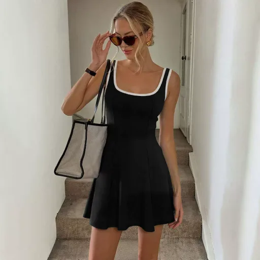 Sleeveless Color Block A Line Tennis Dress for Women Slim Fit U Neck Short Length Summer Casual Wear