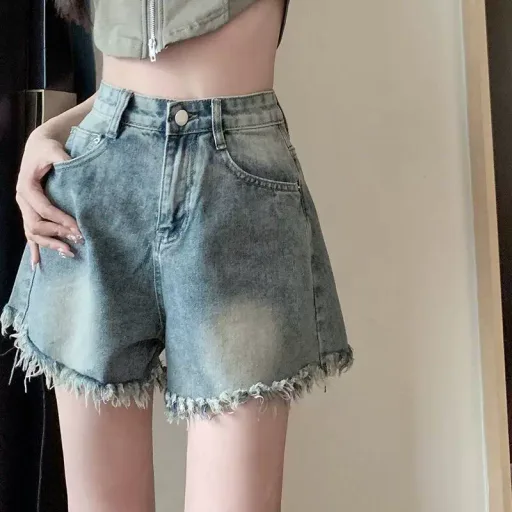 High Waist Denim Shorts For Women Loose Fit Frayed Hem Vintage Blue Summer Casual Wear