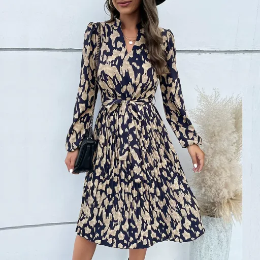 Womens Long Sleeve Pleated Floral Dress Autumn Fashion Elegant Style Comfortable Fit Wholesale A