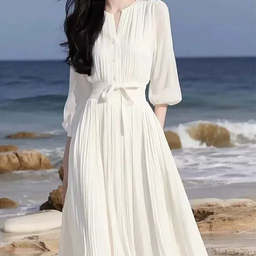 White Chiffon Dress for Women Elegant Fit Short Sleeve Round Neck Casual Summer Wear