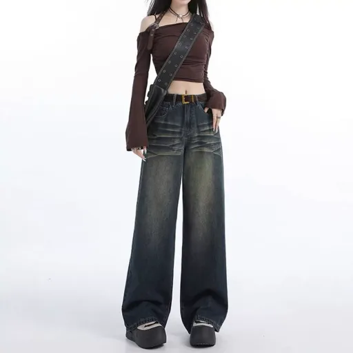 Womens Vintage Wide Leg Jeans Casual Loose Fit Blue Denim Available in Multiple Sizes Wholesale Ready to Ship