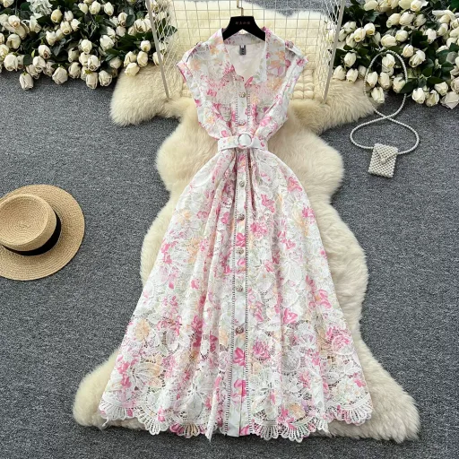 Lace Maxi Dress For Women Elegant Hollow Out Design Summer Casual Wear Available In Multiple Colors And Sizes