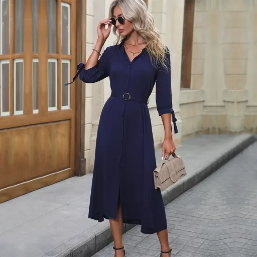 Navy Blue Long Sleeve Vintage Style Womens Dress in Solid Color for Spring Wholesale Low MOQ factory direct