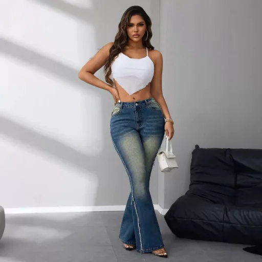 Womens High Waist Flare Jeans Stretch Denim Blue Casual Fashion in Multiple Sizes