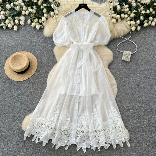 Lace Puff Sleeve A Line Dress for Women Breathable Summer Fabric Elegant Casual Wear