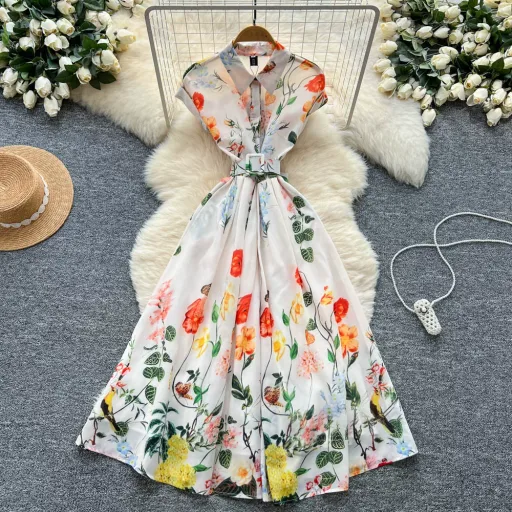 Polo Neck Short Sleeve Dress for Women Slim Fit Waist Design Floral Print Summer Casual Wear