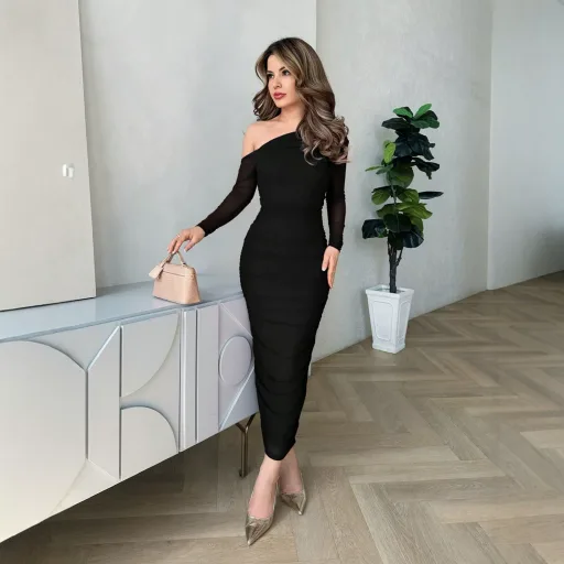 Asymmetrical Shoulder Long Sleeve Dress Ruched Waist Bodycon Fit Elegant Black Mesh Fabric