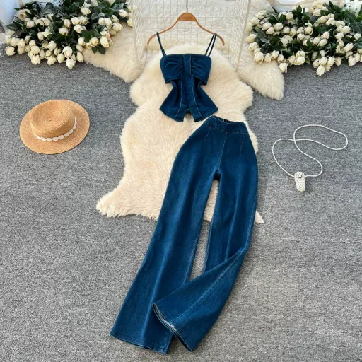Denim Crop Top and Wide Leg Pants Set for Women High Waist Comfortable Fit Spring Summer Casual Wear Denim Crop Top and Wide Leg Pants Set for Women High Waist Comfortable Fit Spring Summer Casual Wear