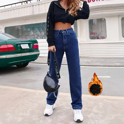 Womens High Waist Slim Fit Straight Leg Jeans Fleece Lined Casual Everyday Wear