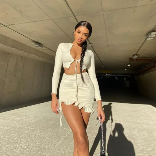 Womens Casual Outfit Set Long Sleeve Tie Cardigan and High Waist Pencil Skirt Spring Autumn Wear