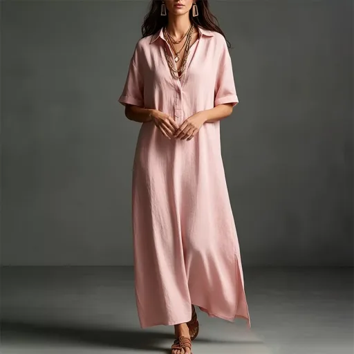 Womens Casual Short Sleeve Polo Neck Long Dress in Solid Colors for Beach Vacation in Multiple Sizes