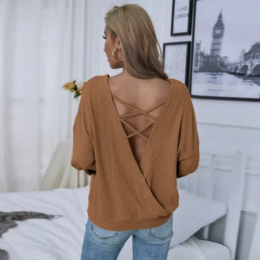 Womens Loose Casual Sexy Backless Long Sleeve T Shirt Spring Summer Waffle Fabric Comfortable Fit Wholesale Avai
