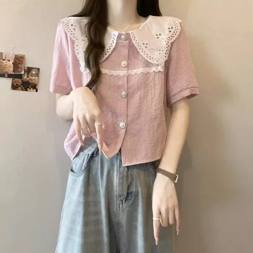 Pink Short Sleeve Doll Collar Blouse For Women Lightweight Comfortable Unique Design Summer Casual Wear Wholesale