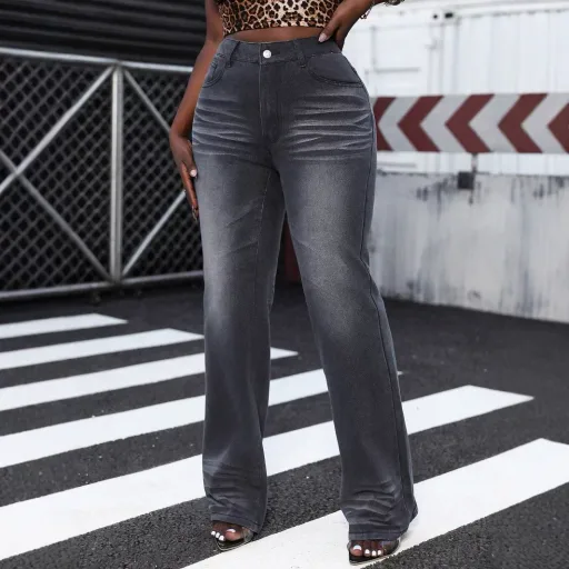 Womens Loose Fit Stretch Denim Jeans Gray Color Casual Street Style bulk order factory direct
