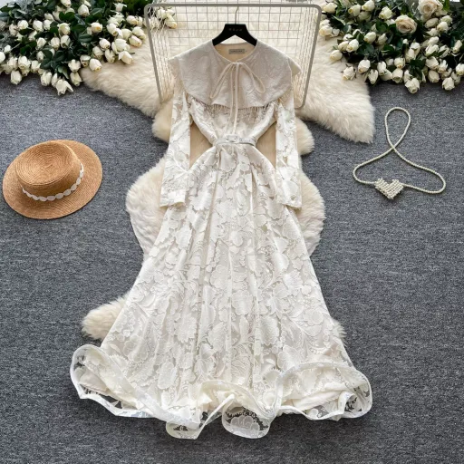 French Court Style Lace Long Sleeve Dress High Waist Tie Waist A Line Silhouette Elegant for Autumn Wholesale French Court Style Lace Long Sleeve Dress High Waist Tie Waist A Line Silhouette Elegant for Autumn Wholesale