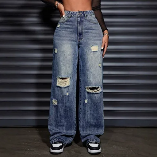 Womens Casual Loose Fit Straight Leg Ripped Denim Jeans in Blue for Everyday Wear in Multiple Sizes