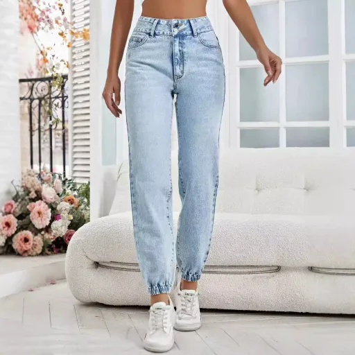 Womens High Waist Loose Fit Denim Pencil Pants Versatile Blue Jeans Casual Wear