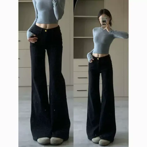 Black High Waist Flared Jeans For Women Stretchy Slim Fit Casual Spring Autumn Wear