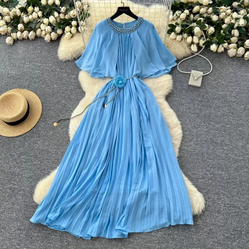 Chic Womens Pleated Chiffon Dress with Rhinestone Detail and Waist Tie Round Neck Short Sleeve Available in Multiple Colors