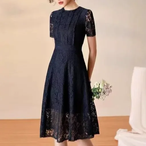 Lace Hollow Out Midi Dress for Women Round Neck Short Sleeve Summer Casual Wear