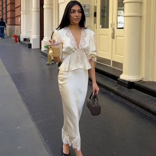 Lace Satin Two Piece Set V Neck Top And Midi Skirt Elegant Summer Outfit Low Moq
