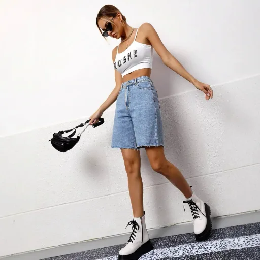 Loose Fit Womens Denim Shorts Washed Fabric Casual Style Available in Blue and Black Wholesale Supply