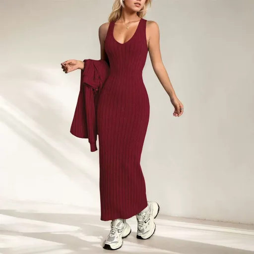 Womens Solid Color Knit Two Piece Dress Set Elegant Commuter Style Perfect for Spring and Summer