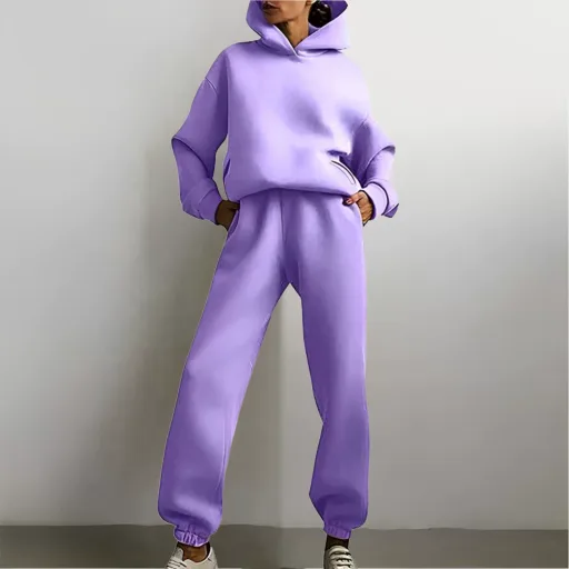Hooded Sweatshirt and Pants Set for Women Solid Color Casual Outfit Spring Fashion