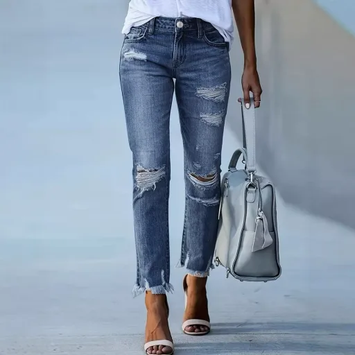 Womens Skinny Jeans Blue Stretch Fabric Casual Ripped Design Available in XS to L Wholesale Ready to Ship