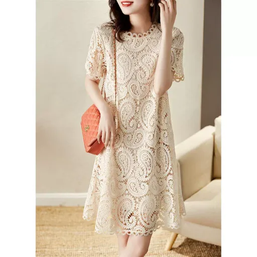 Lace Dress for Women Casual Short Sleeve Fit and Flare Summer Fashion Available in Apricot and Black Wholesale Options