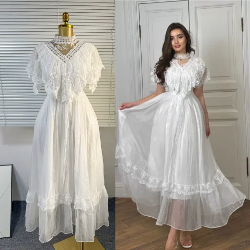 Elegant Vintage White Lace Panel Maxi Dress Lightweight Flowing Summer Style Perfect For Parties And Special Occasions