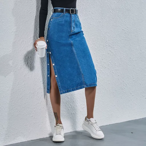 High Waisted Denim Skirt Button Detail Split Design Fashionable Style Perfect For Casual Outings