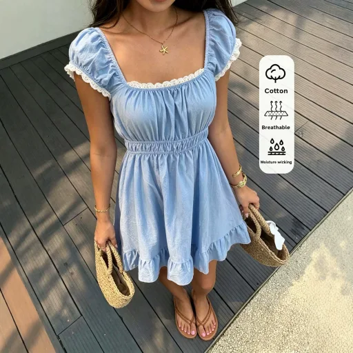 跨境外贸夏季法式方领泡泡袖连衣裙女收腰显瘦蕾丝花边 A 字短裙