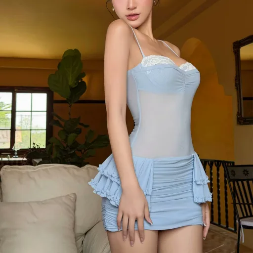Summer Womens Bodycon Dress Slim Fit Low Neckline Ruffled Lace Trim Short Length Perfect For Par