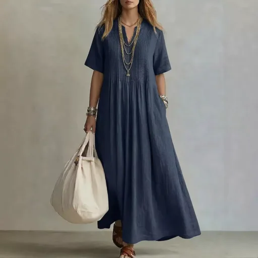 Casual Vacation V Neck Long Dress for Women Solid Color Available in Multiple Sizes and Colors Wholesale Supply