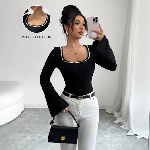 Black Square Neck Long Sleeve T Shirt For Women With Pearl Decor And Flared Sleeves Slim Fit For Casual Wear Wholesale