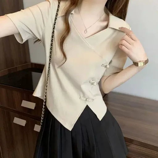 Womens V Neck Polo T Shirt Short Sleeve Plus Size Casual Chic Design Available In Apricot And Black Wholesale