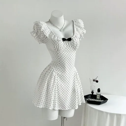 Polka Dot Puff Sleeve Dress with Bow Tie Summer Style Waist Defined Casual Wear Ready to Ship Lo
