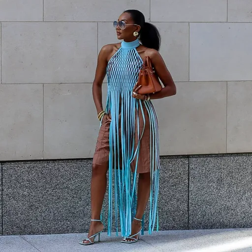 Womens Sheer Mesh Tank Top Halter Neckline Fringe Detail Summer Fashion