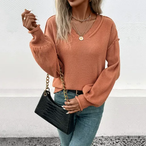 Vintage Style Lantern Sleeve Sweater Solid Color Casual Comfy Autumn Winter Wholesale Available