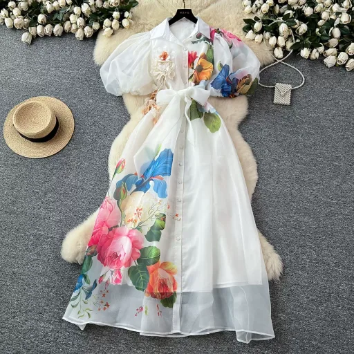 Elegant Womens Summer Dress with Floral Print Lantern Sleeves and Waist Tie in White Apricot and Blue for Casual Occasions