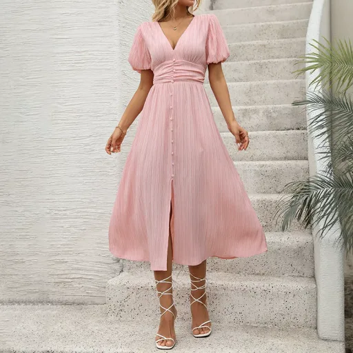Pink Puff Sleeve High End Dress for Valentines Day Date Night in S M L XL customizable