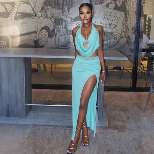Womens Summer Two Piece Set Sexy Hollow Out Halter Neck Top And Side Slit Skirt Casual Fashion