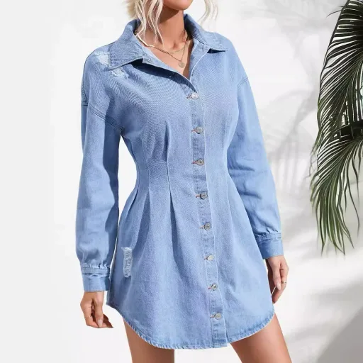 Long Sleeve Denim Dress for Women with Waist Cinching Design in Blue Available in XS to L for Casual Wear Wholesale