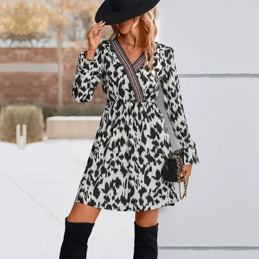Color Block Leopard Print Dress for Women Long Sleeve Casual Autumn Winter Wear private label