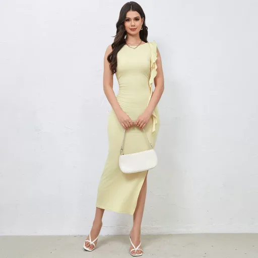 Elegant Milk Silk Dress With Side Slit And Shoulder Ribbons Sexy Design Suitable For Parties And