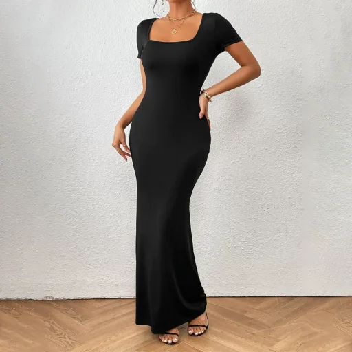 Elegant Womens Black Mermaid Dress with Square Neckline and Fitted Silhouette for Summer Events