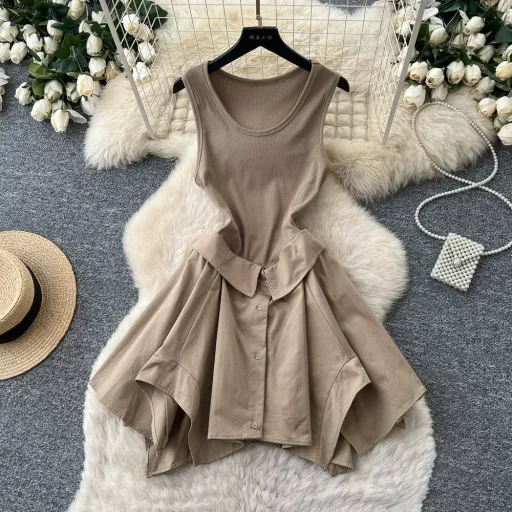 Sleeveless A Line Dress for Women Irregular Hem Slim Fit Summer Style Available in White and Khaki Wholesale Ready