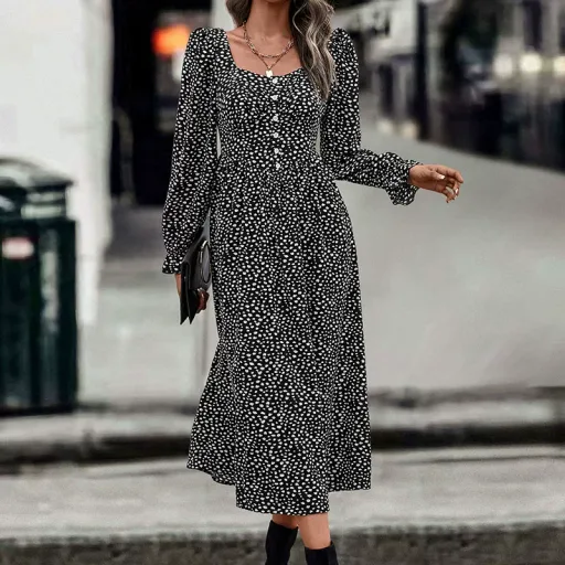 Black Polka Dot Print Square Neck Dress for Women Autumn Fashion Available in Multiple Sizes Wholesale Ready to Ship