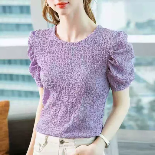 Womens Summer Short Sleeve T Shirt Lace Detail Pleated Design Casual Chic Style Available In Multiple Sizes And Colors